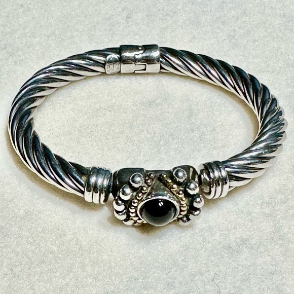 Flli Menegatti Italy .925 Silver Hinged Cuff Bracelet Black Onyx 6.5